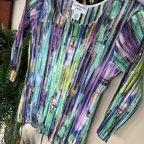 Vintage Peck & Peck Petite Colorful Crinkle Pleated Top 3/4 Sleeve Blouse Office - Picture 5 of 11